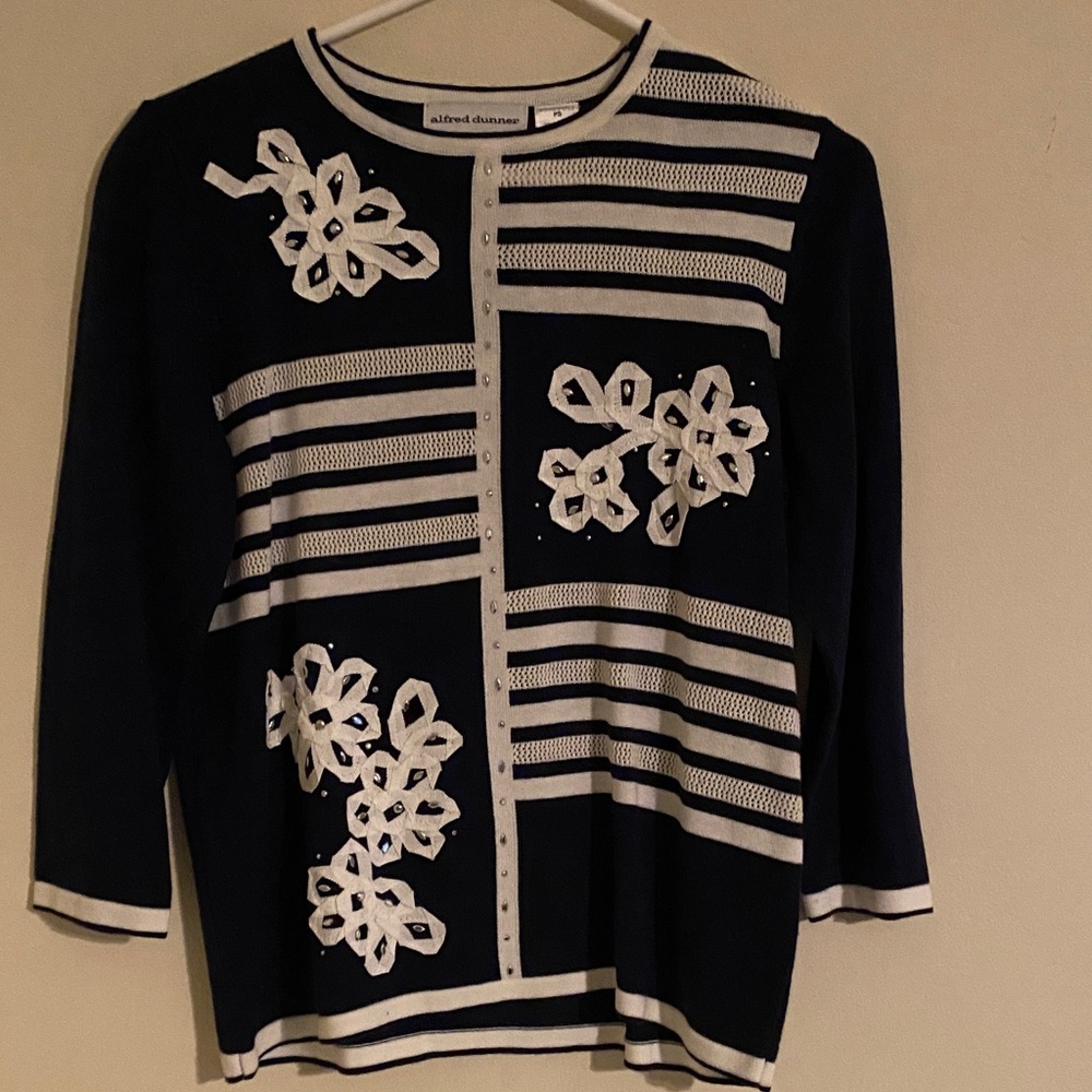 Alfred Dunner Navy and White Crew Neck Embellished 3/4 Sleeve Sweater